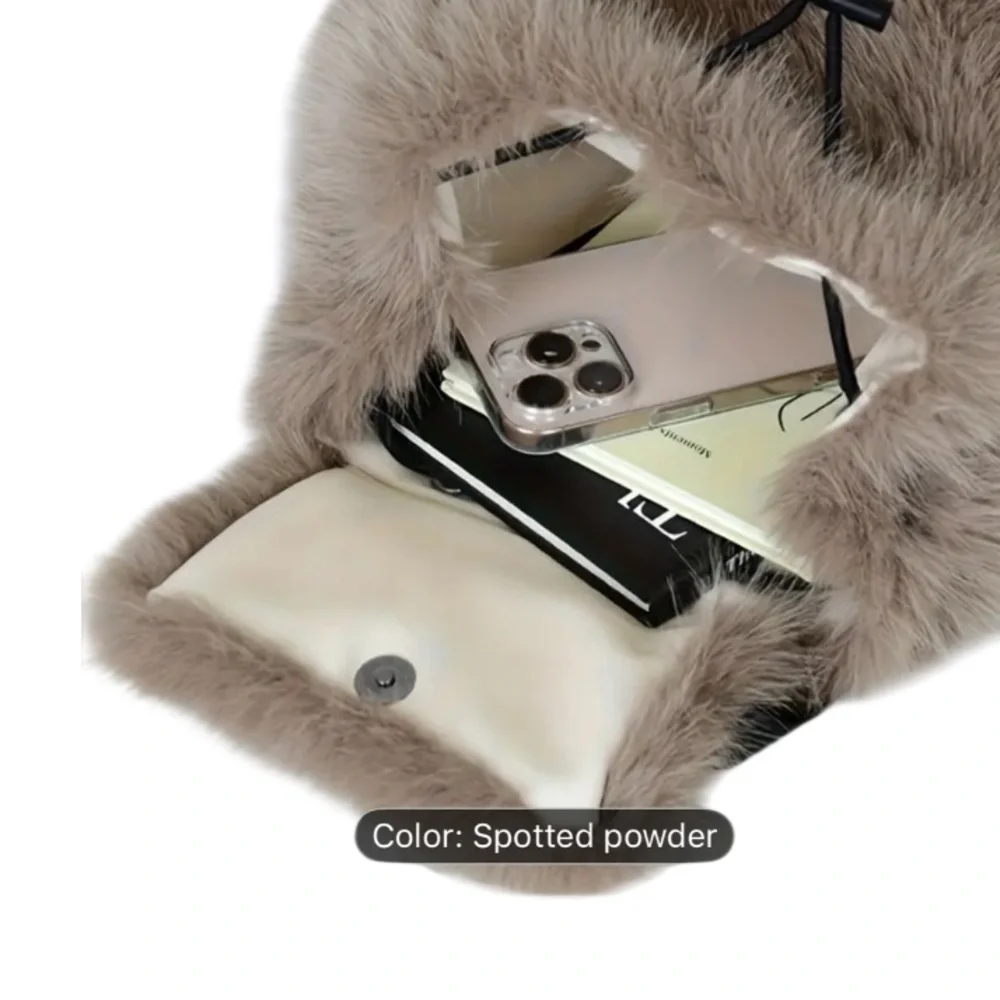 NEW Elegant Leopard Print Faux Fur Drawstring Snap Closure Backpack White Tan